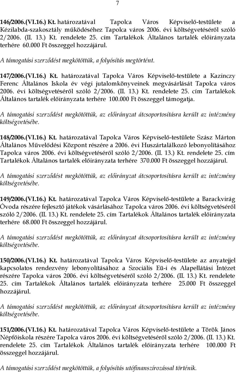 határozatával Tapolca Város Képviselő-testülete a Kazinczy Ferenc Általános Iskola év végi jutalomkönyveinek megvásárlását Tapolca város 2006. évi költségvetéséről szóló 2/2006. (II. 13.) Kt.