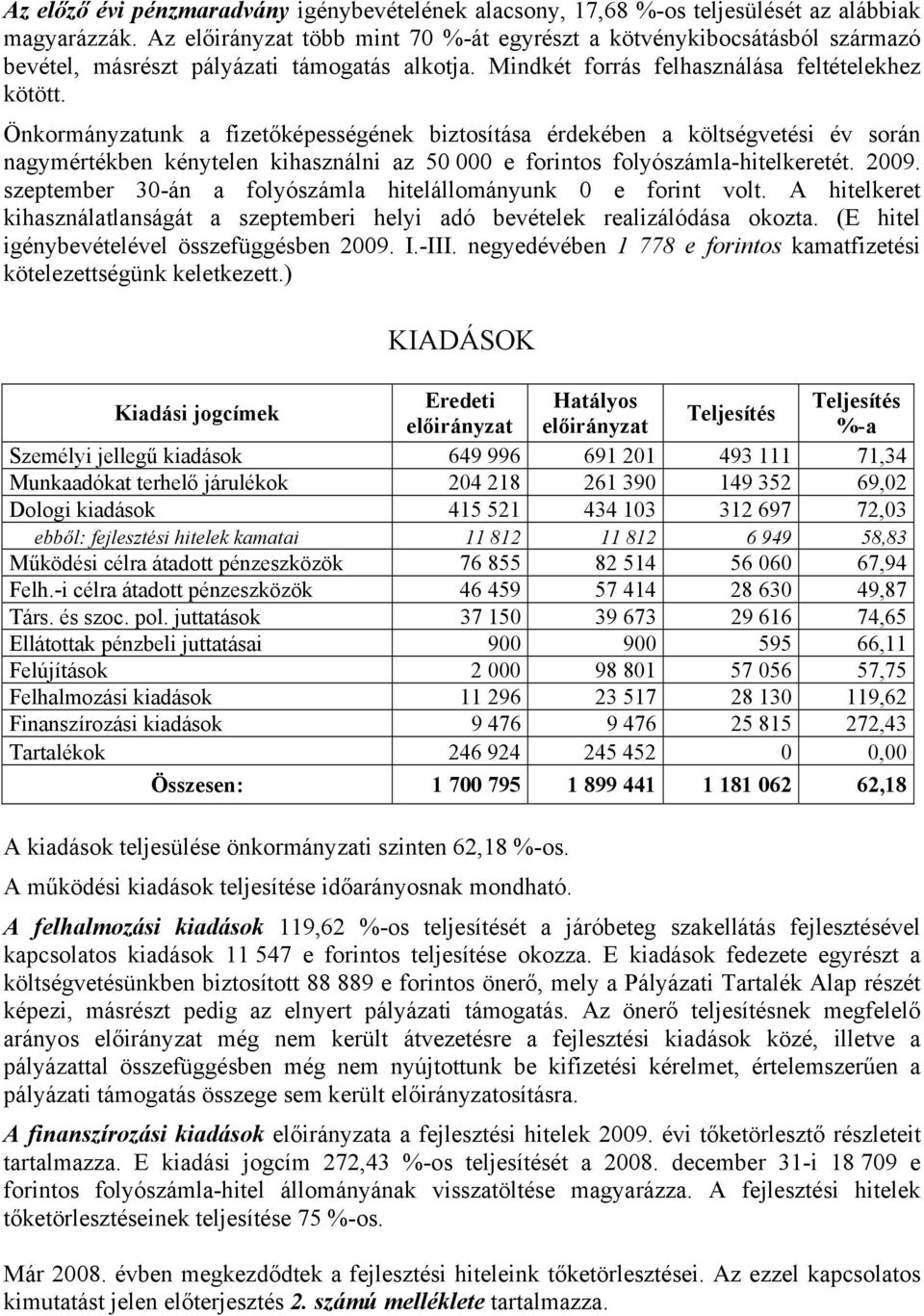 Önkormányzatunk a fizetőképességének biztosítása érdekében a költségvetési év során nagymértékben kénytelen kihasználni az 50 000 e forintos folyószámla-hitelkeretét. 2009.
