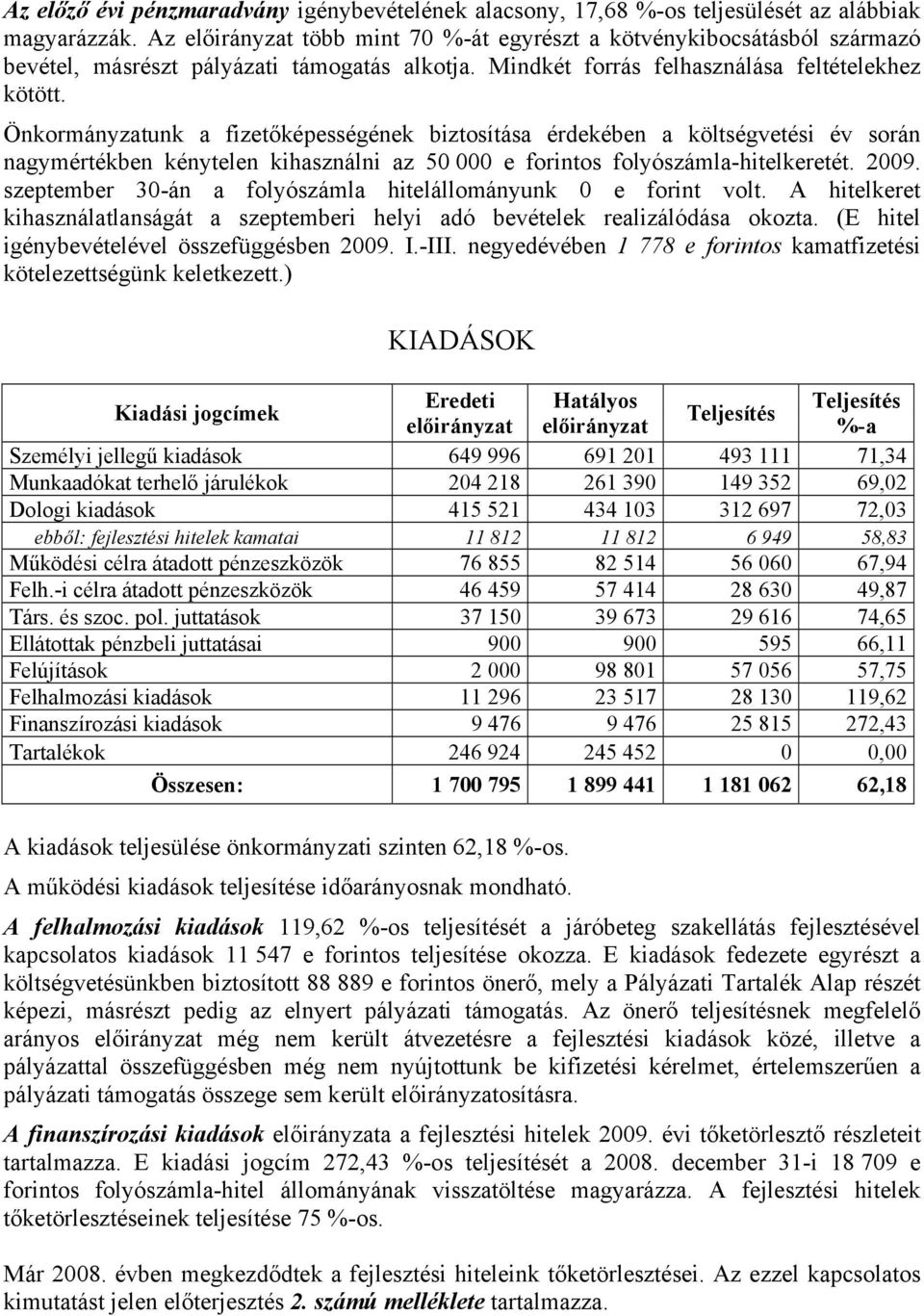 Önkormányzatunk a fizetőképességének biztosítása érdekében a költségvetési év során nagymértékben kénytelen kihasználni az 50 000 e forintos folyószámla-hitelkeretét. 2009.