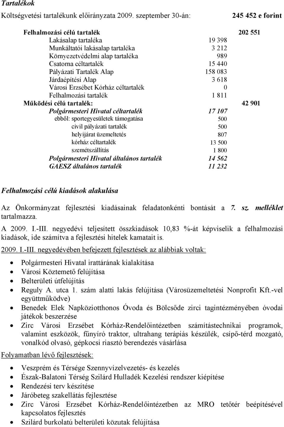 Pályázati Tartalék Alap 158 083 Járdaépítési Alap 3 618 Városi Erzsébet Kórház céltartalék 0 Felhalmozási tartalék 1 811 Működési célú tartalék: 42 901 Polgármesteri Hivatal céltartalék 17 107 ebből: