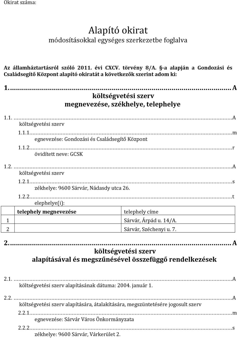 1.2...r övidített neve: GCSK 1.2....A költségvetési szerv 1.2.1...s zékhelye: 9600 Sárvár, Nádasdy utca 26. 1.2.2...t elephelye(i): telephely megnevezése telephely címe 1 Sárvár, Árpád u. 14/A.