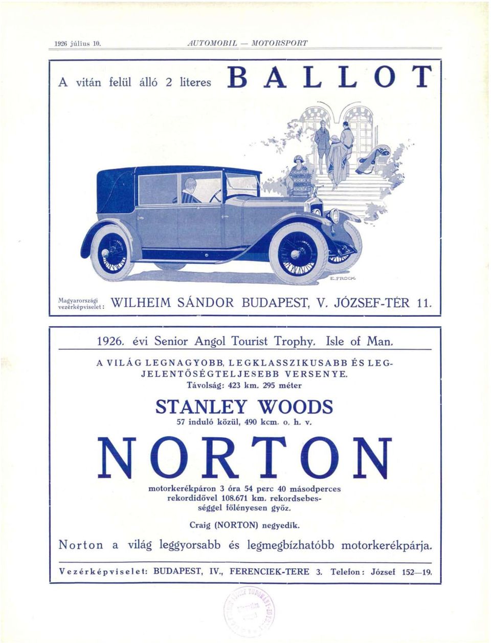 295 méter S T A N L E Y W O O D S 57 induló közül, 490 kcm. o. h. v. NORTON motorkerékpáron 3 óra 54 perc 40 másodperces rekordidővel 108.671 km.