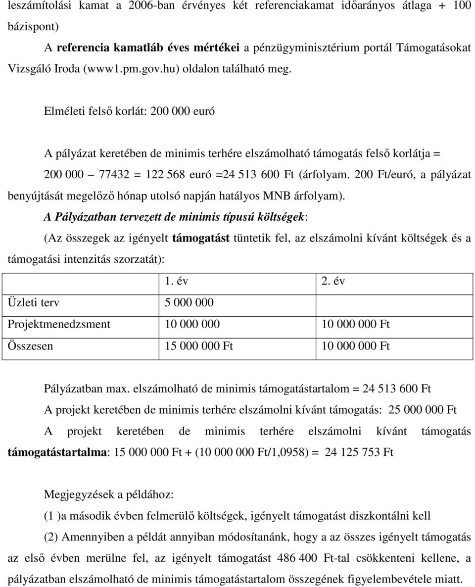 Elméleti felső korlát: 200 000 euró A pályázat keretében de minimis terhére elszámolható támogatás felső korlátja = 200 000 77432 = 122 568 euró =24 513 600 Ft (árfolyam.