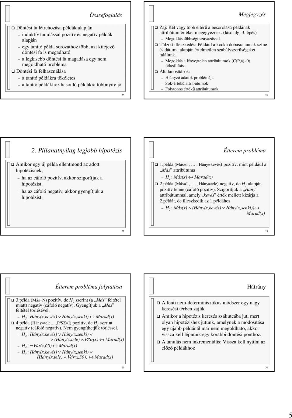 attribútum-értékei megegyeznek. (lásd alg. 3.lépés) Megoldás többségi szavazással. Túlzott illeszkedés: Például a kocka dobásra annak színe és dátuma alapján értelmetlen szabályszer ségeket találunk.