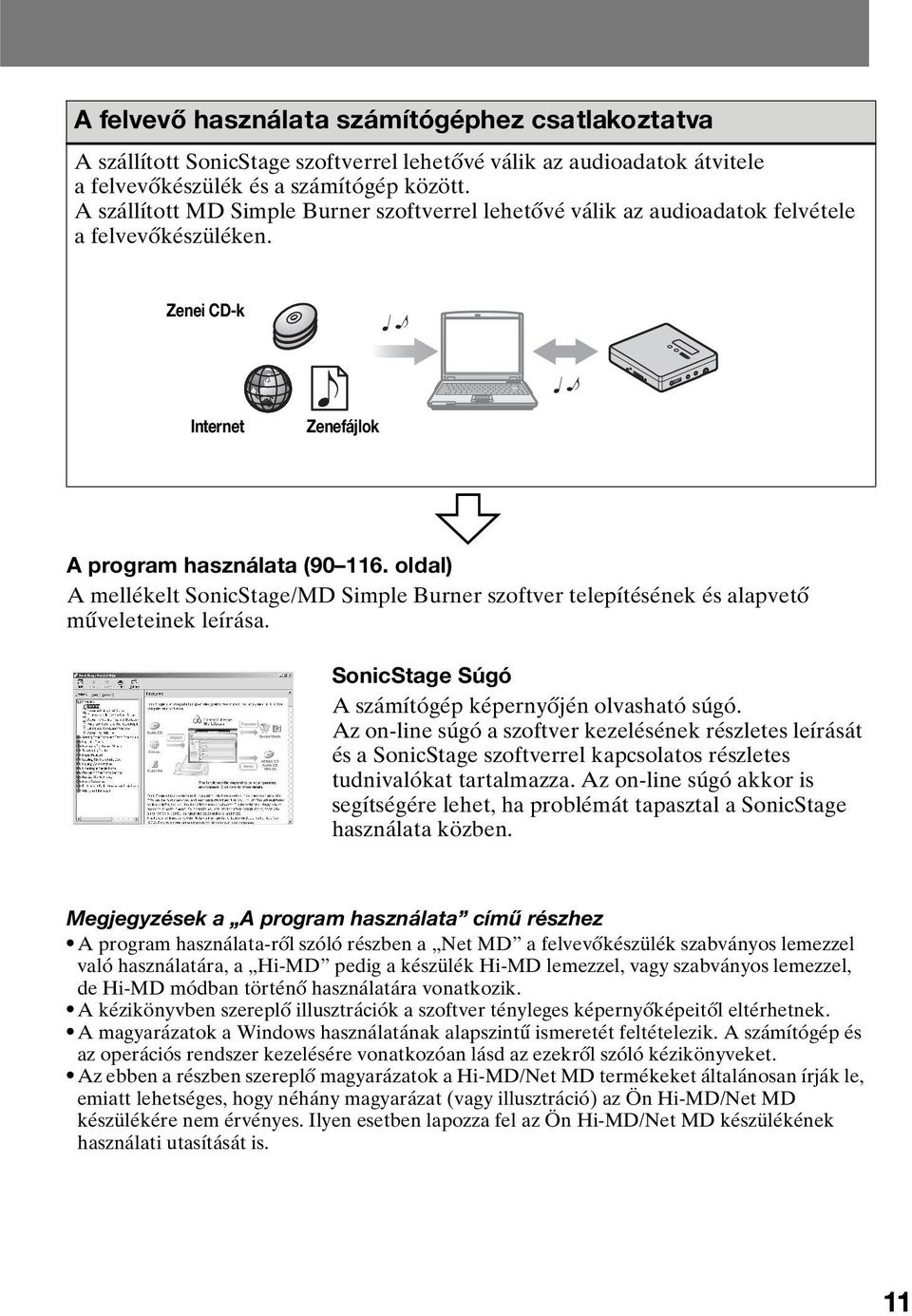 oldal) A mellékelt SonicStage/MD Simple Burner szoftver telepítésének és alapvető műveleteinek leírása. SonicStage Súgó A számítógép képernyőjén olvasható súgó.