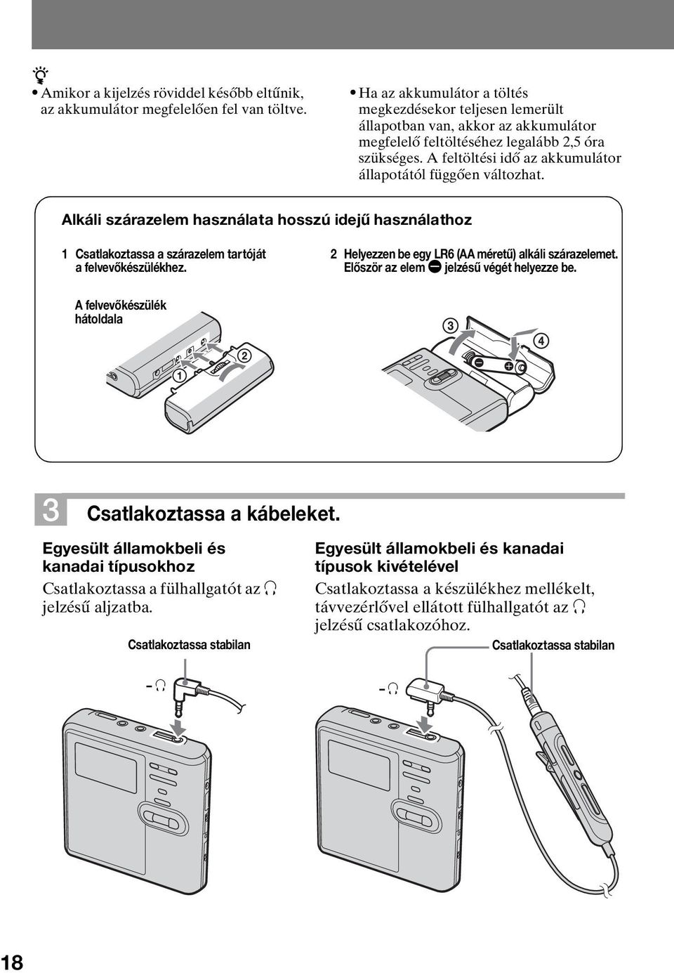 A feltöltési idő az akkumulátor állapotától függően változhat. Alkáli szárazelem használata hosszú idejű használathoz 1 Csatlakoztassa a szárazelem tartóját a felvevőkészülékhez.
