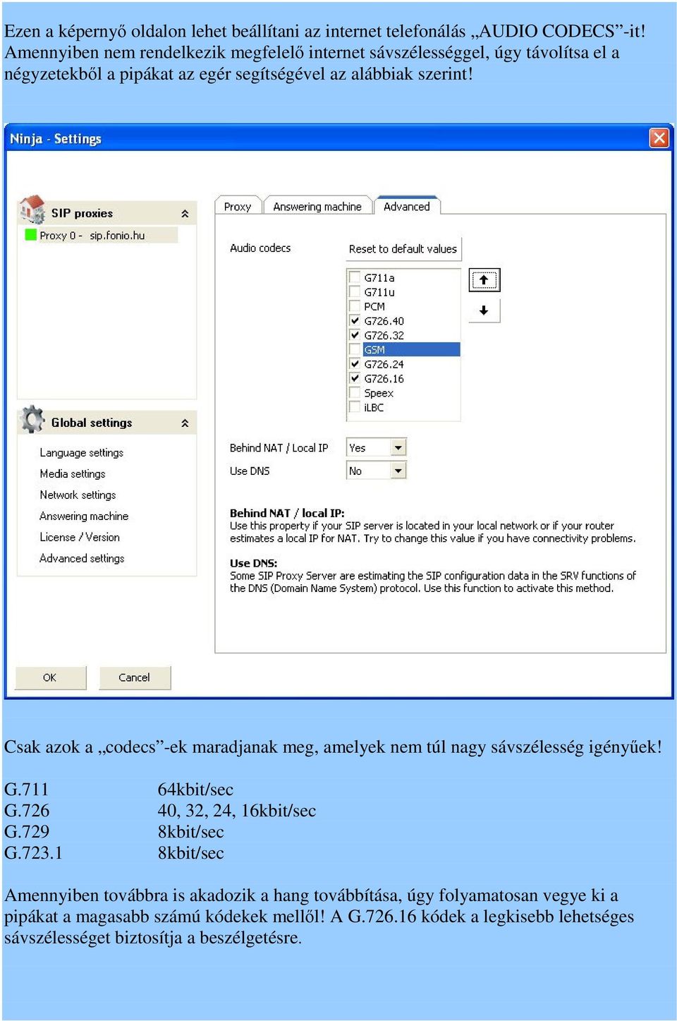 Csak azok a codecs -ek maradjanak meg, amelyek nem túl nagy sávszélesség igényűek! G.711 64kbit/sec G.726 40, 32, 24, 16kbit/sec G.729 8kbit/sec G.