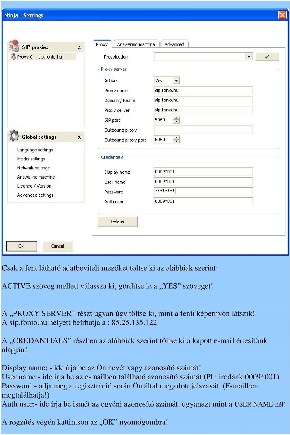 122 A CREDANTIALS részben az alábbiak szerint töltse ki a kapott e-mail értesítőnk alapján! Display name: - ide írja be az Ön nevét vagy azonosító számát!