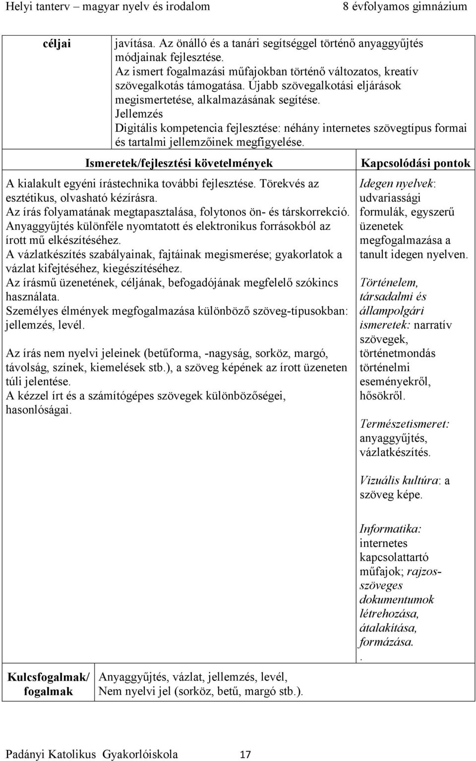 A kialakult egyéni írástechnika további fejlesztése. Törekvés az esztétikus, olvasható kézírásra. Az írás folyamatának megtapasztalása, folytonos ön- és társkorrekció.