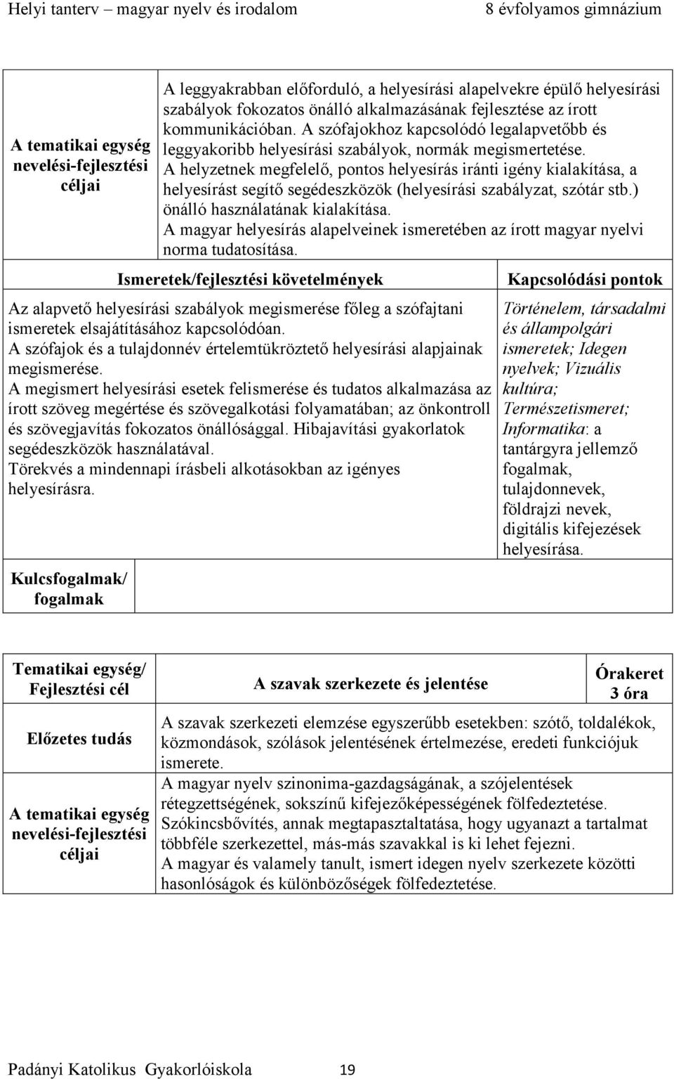 A helyzetnek megfelelő, pontos helyesírás iránti igény kialakítása, a helyesírást segítő segédeszközök (helyesírási szabályzat, szótár stb.) önálló használatának kialakítása.