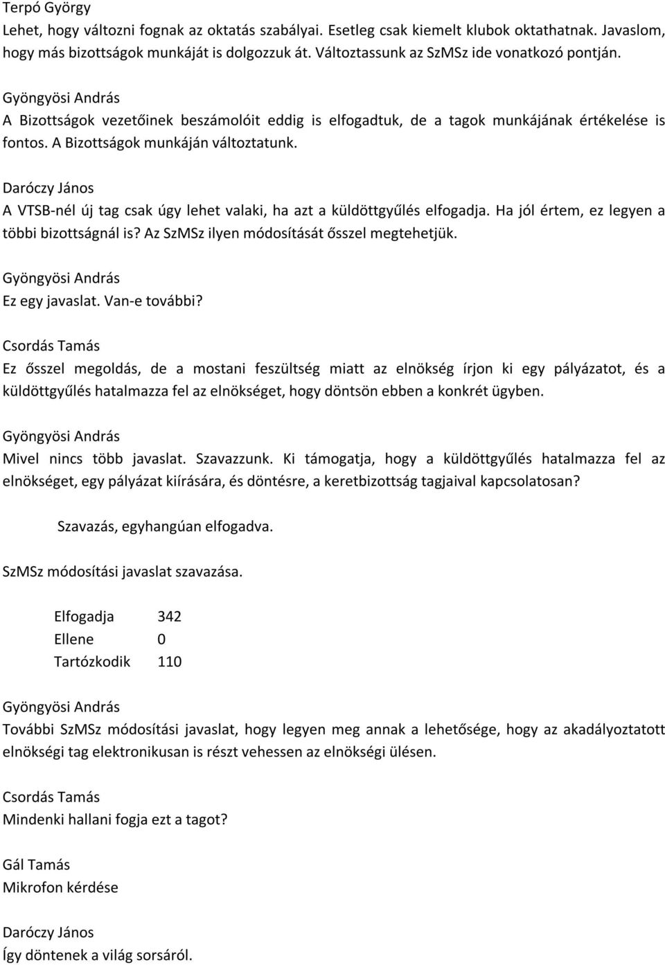 A VTSB-nél új tag csak úgy lehet valaki, ha azt a küldöttgyűlés elfogadja. Ha jól értem, ez legyen a többi bizottságnál is? Az SzMSz ilyen módosítását ősszel megtehetjük. Ez egy javaslat.