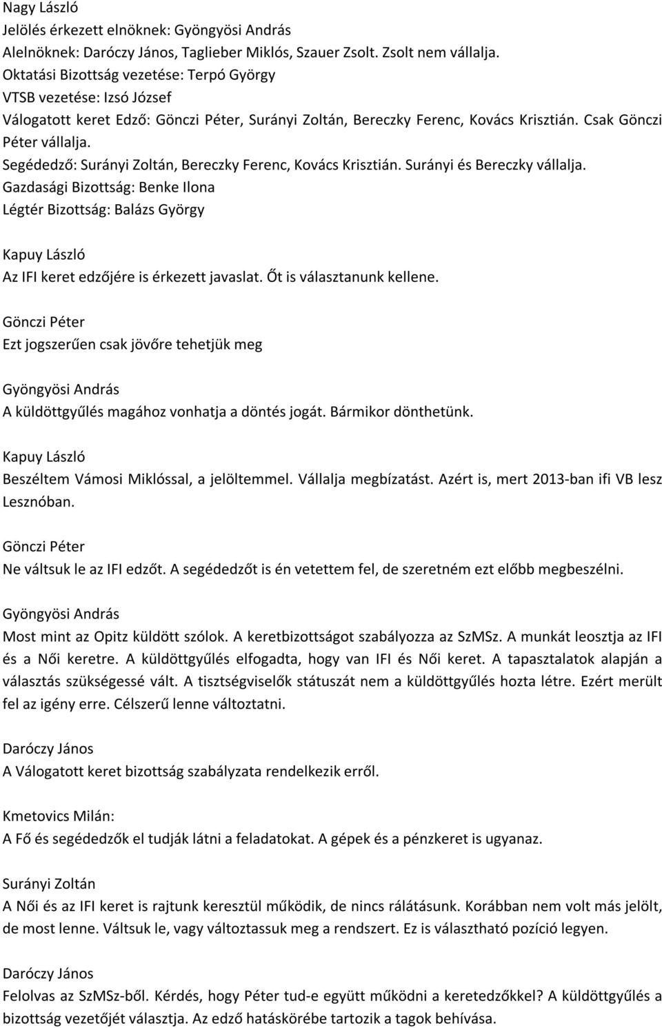 Segédedző: Surányi Zoltán, Bereczky Ferenc, Kovács Krisztián. Surányi és Bereczky vállalja. Gazdasági Bizottság: Benke Ilona Légtér Bizottság: Balázs György Az IFI keret edzőjére is érkezett javaslat.