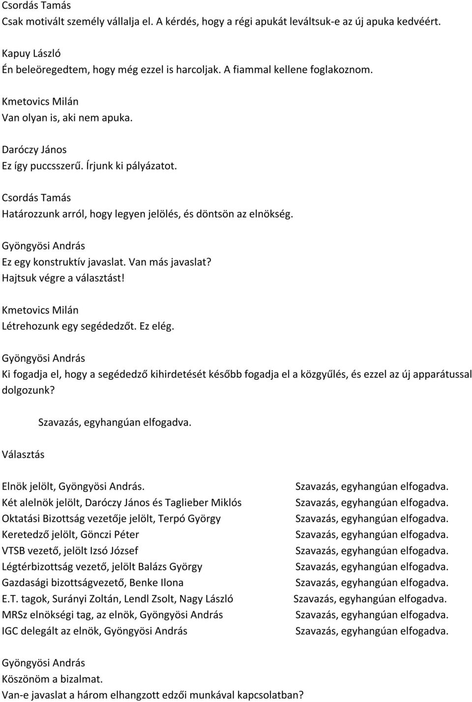 Hajtsuk végre a választást! Létrehozunk egy segédedzőt. Ez elég. Ki fogadja el, hogy a segédedző kihirdetését később fogadja el a közgyűlés, és ezzel az új apparátussal dolgozunk?