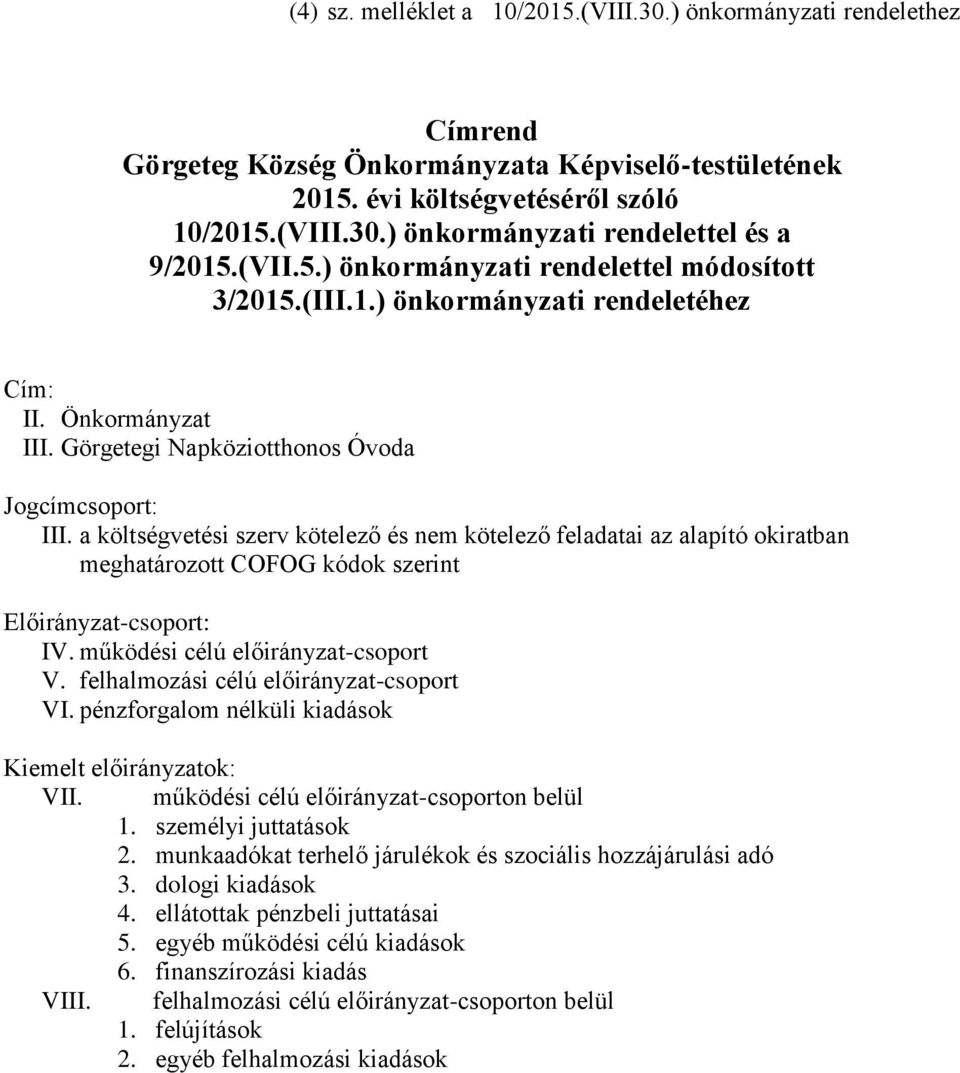a költségvetési szerv kötelező és nem kötelező feladatai az alapító okiratban meghatározott COFOG kódok szerint Előirányzat-csoport: IV. működési célú előirányzat-csoport V.