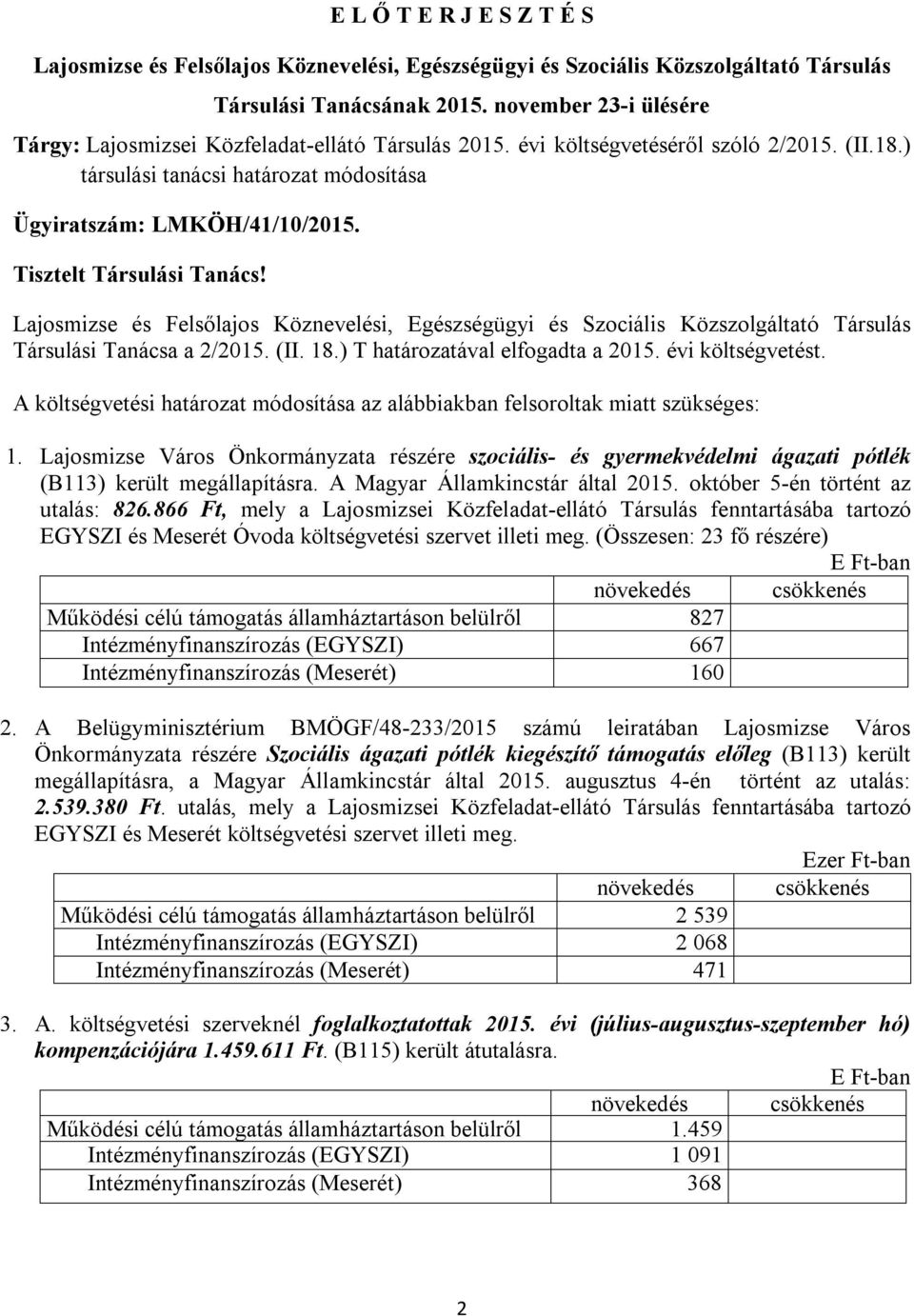 Tisztelt Társulási Tanács! Lajosmizse és Felsőlajos Köznevelési, Egészségügyi és Szociális Közszolgáltató Társulás Társulási Tanácsa a 2/2015. (II. 18.) T határozatával elfogadta a 2015.