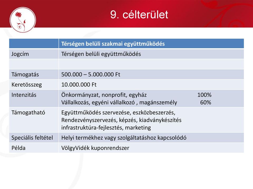 magánszemély 60% Együttműködés szervezése, eszközbeszerzés, Rendezvényszervezés, képzés,