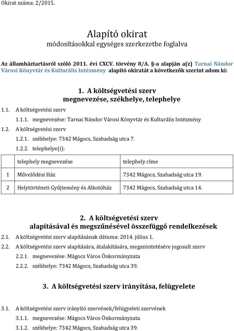 A költségvetési szerv megnevezése, székhelye, telephelye 1.1.1. megnevezése: Tarnai Nándor Városi Könyvtár és Kulturális Intézmény 1.2. A költségvetési szerv 1.2.1. székhelye: 7342 Mágocs, Szabadság utca 7.