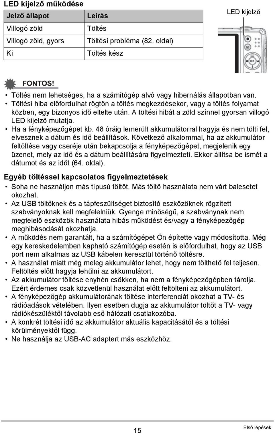 Töltési hiba előfordulhat rögtön a töltés megkezdésekor, vagy a töltés folyamat közben, egy bizonyos idő eltelte után. A töltési hibát a zöld színnel gyorsan villogó LED kijelző mutatja.