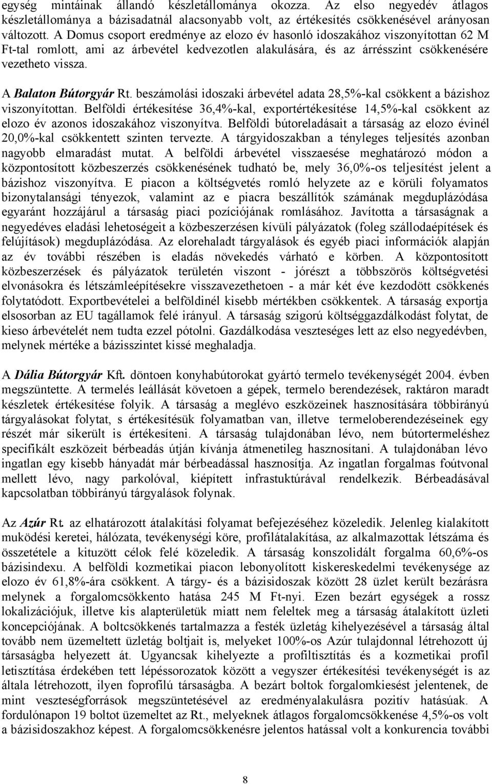 A Balaton Bútorgyár Rt. beszámolási idoszaki árbevétel adata 28,5%-kal csökkent a bázishoz viszonyítottan.