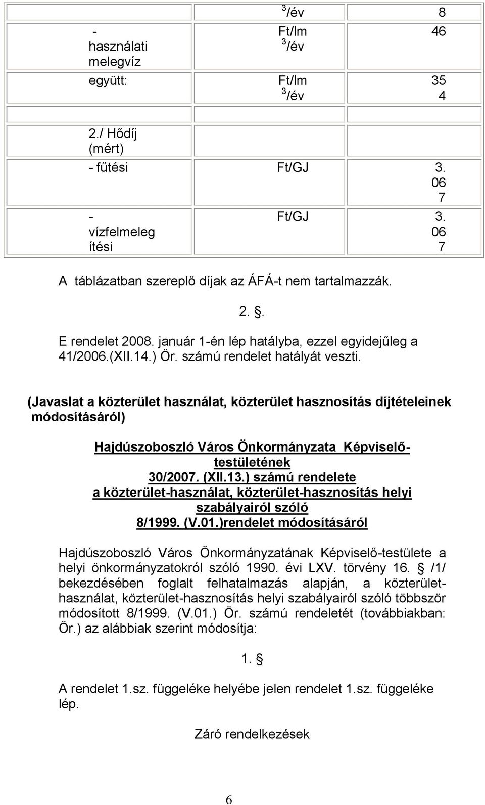 (Javaslat a közterület használat, közterület hasznosítás díjtételeinek módosításáról) Hajdúszoboszló Város Önkormányzata Képviselőtestületének 30/2007. (XII.13.