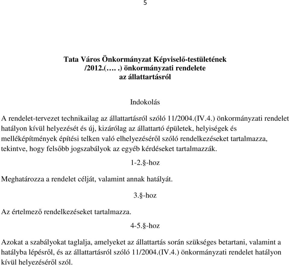 ) önkormányzati rendelet hatályon kívül helyezését és új, kizárólag az állattartó épületek, helyiségek és melléképítmények építési telken való elhelyezéséről szóló rendelkezéseket tartalmazza,