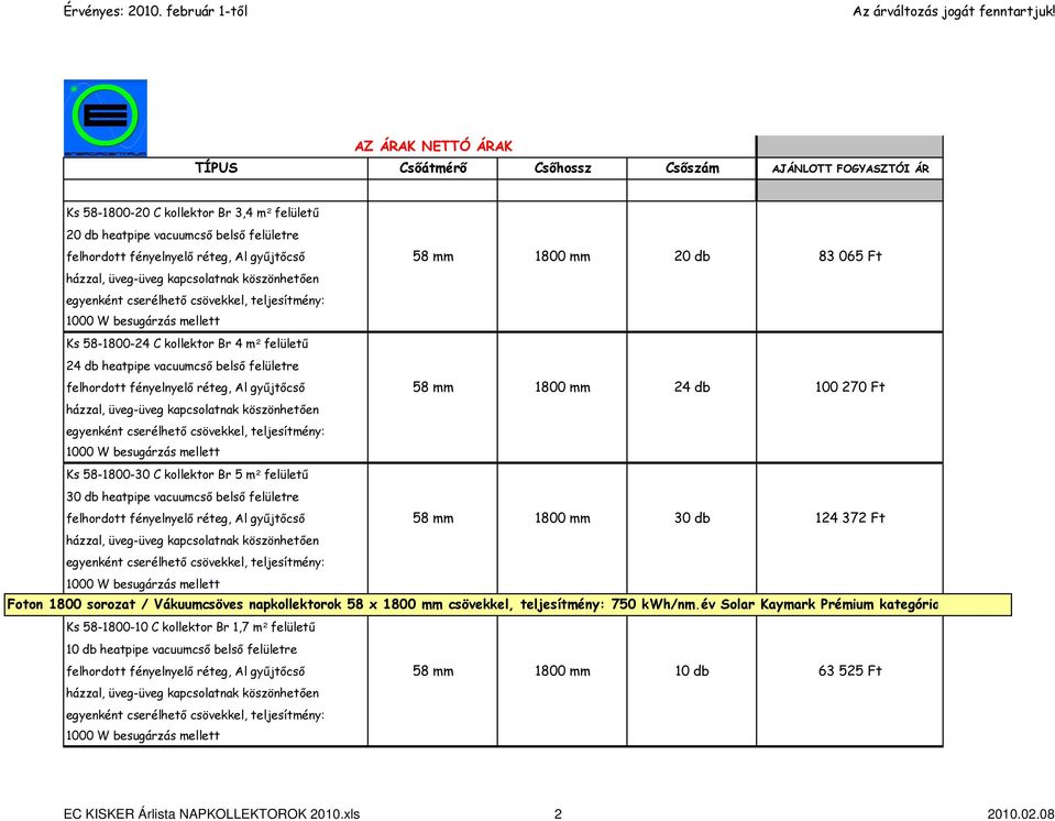 felhordott fényelnyelı réteg, Al győjtıcsı 58 mm 1800 mm 24 db 100 270 Ft házzal, üveg-üveg kapcsolatnak köszönhetıen egyenként cserélhetı csövekkel, teljesítmény: 1000 W besugárzás mellett Ks