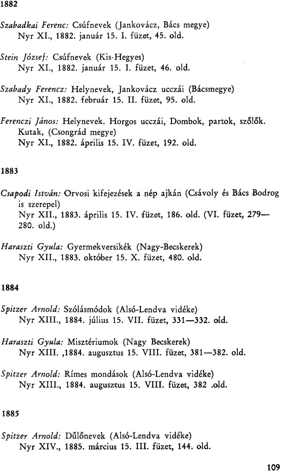 , 1883. április 15. IV. füzet, 186. old. (VI. füzet, 279 280. old.) Haraszti Gyula: Gyermekversikék (Nagy-Becskerek) Nyr XII., 1883. október 15. X. füzet, 480. old. 1884 Spitzer Arnold: Szólásmódok (Alsó-Lendva vidéke) Nyr XIII.