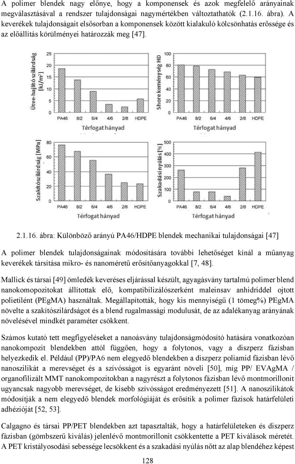 ábra: Különböző arányú PA46/HDPE blendek mechanikai tulajdonságai [47] A polimer blendek tulajdonságainak módosítására további lehetőséget kínál a műanyag keverékek társítása mikro- és nanoméretű