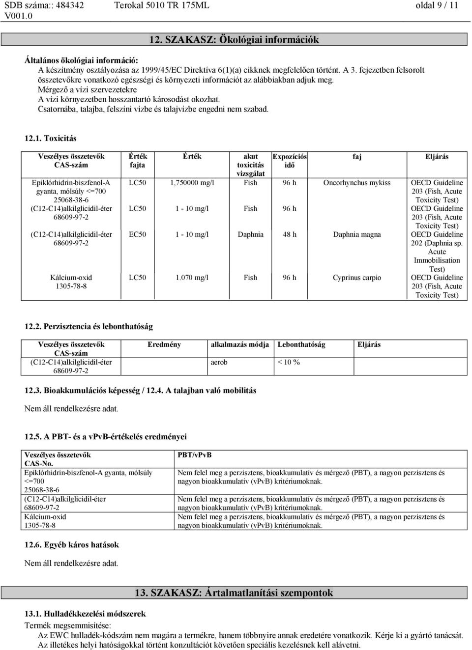 fejezetben felsorolt összetevőkre vonatkozó egészségi és környezeti információt az alábbiakban adjuk meg. Mérgező a vízi szervezetekre A vízi környezetben hosszantartó károsodást okozhat.