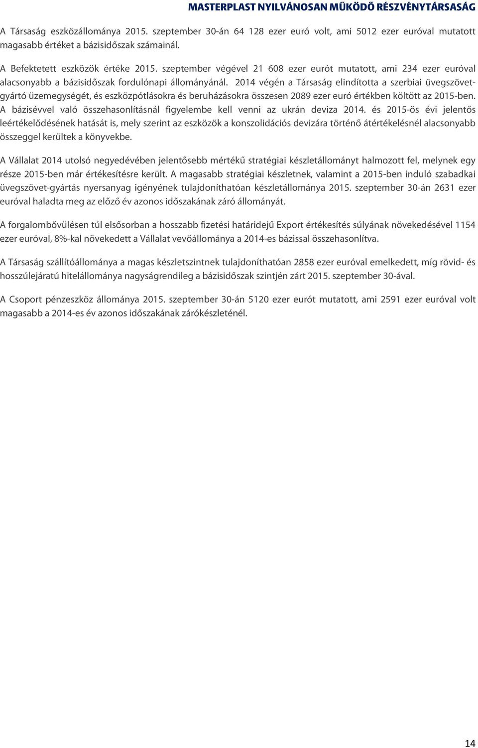 2014 végén a Társaság elindította a szerbiai üvegszövetgyártó üzemegységét, és eszközpótlásokra és beruházásokra összesen 2089 ezer euró értékben költött az 2015-ben.