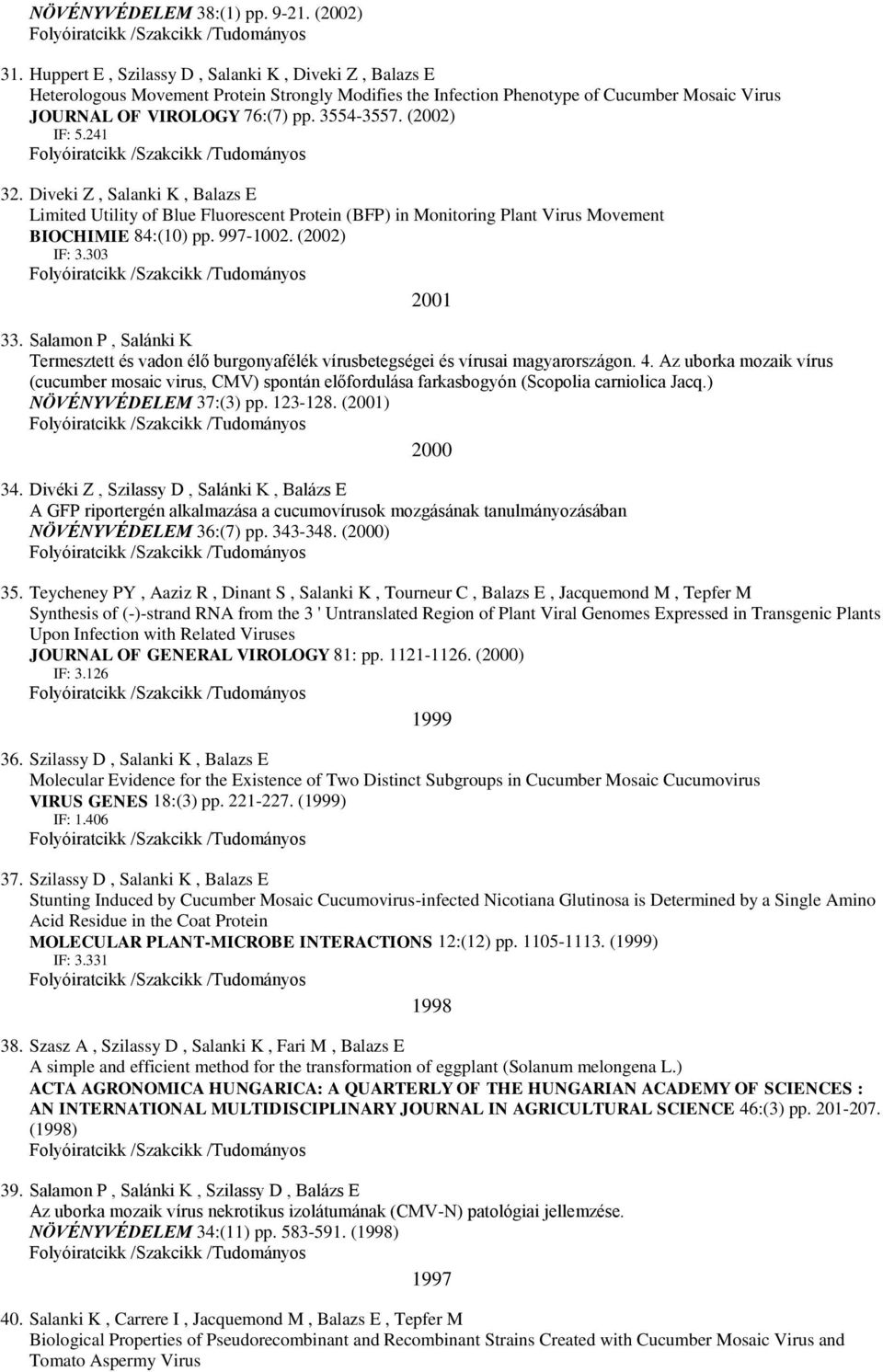 (2002) IF: 5.241 32. Diveki Z, Salanki K, Balazs E Limited Utility of Blue Fluorescent Protein (BFP) in Monitoring Plant Virus Movement BIOCHIMIE 84:(10) pp. 997-1002. (2002) IF: 3.303 2001 33.