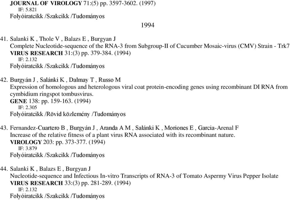 Burgyán J, Salánki K, Dalmay T, Russo M Expression of homologous and heterologous viral coat protein-encoding genes using recombinant DI RNA from cymbidium ringspot tombusvirus. GENE 138: pp. 159-163.