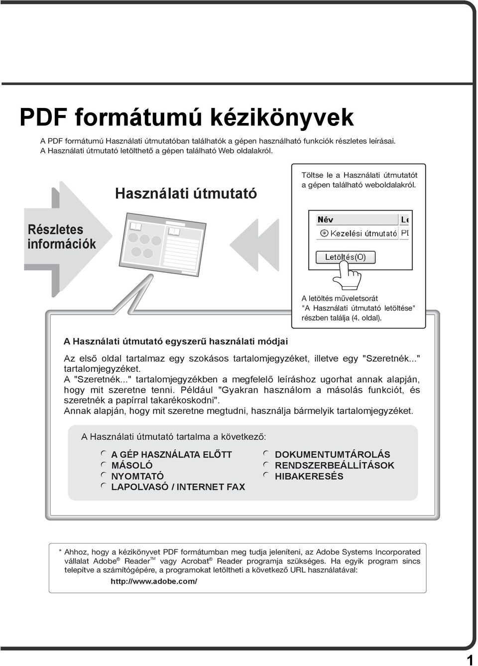 A Használati útmutató egyszerű használati módjai Az első oldal tartalmaz egy szokásos tartalomjegyzéket, illetve egy "Szeretnék..." tartalomjegyzéket. A "Szeretnék.