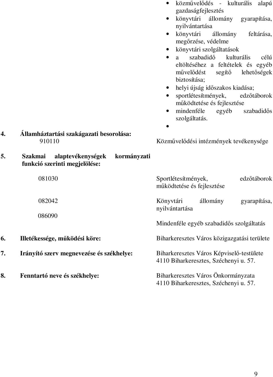 szolgáltatás. 4. Államháztartási szakágazati besorolása: 910110 Közművelődési intézmények tevékenysége 5.