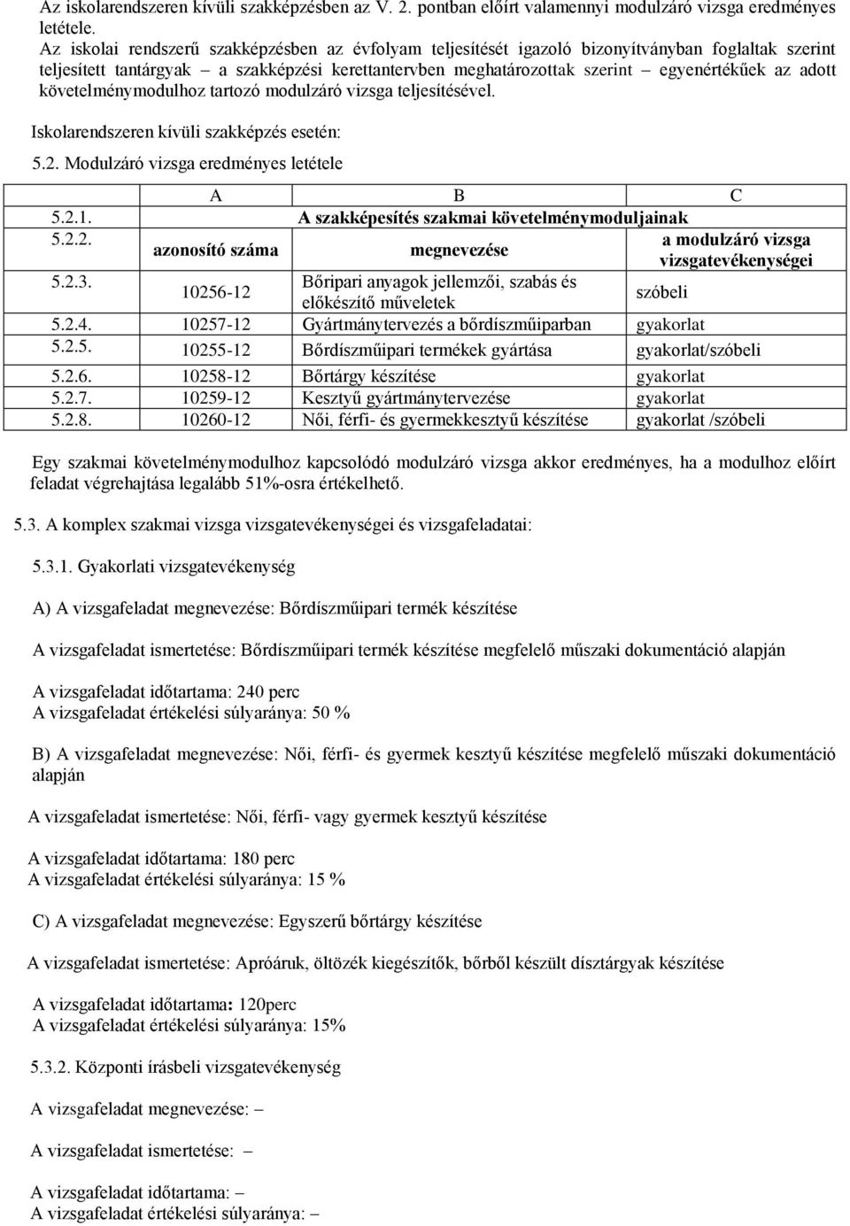 adott követelménymodulhoz tartozó modulzáró vizsga teljesítésével. Iskolarendszeren kívüli szakképzés esetén: 5.2. Modulzáró vizsga eredményes letétele 5.2.1.