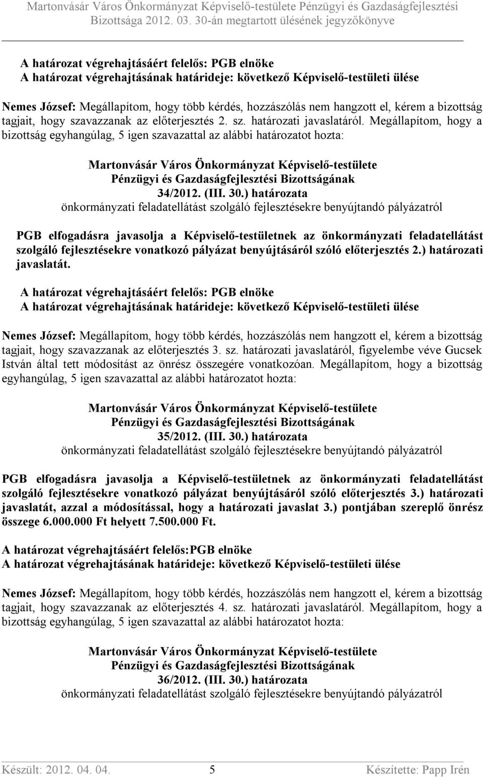 Megállapítom, hogy a bizottság egyhangúlag, 5 igen szavazattal az alábbi határozatot hozta: 35/2012. (III. 30.