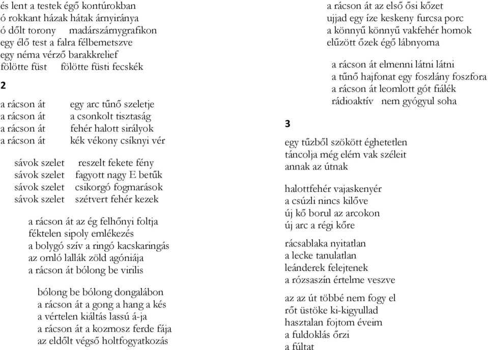 betűk sávok szelet csikorgó fogmarások sávok szelet szétvert fehér kezek a rácson át az ég felhőnyi foltja féktelen sipoly emlékezés a bolygó szív a ringó kacskaringás az omló lallák zöld agóniája a