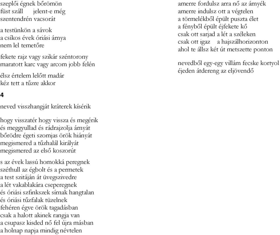 épült éjfekete kő csak ott sarjad a lét a széleken csak ott igaz a hajszálhorizonton ahol te állsz két út metszette ponton nevedből egy-egy villám fecske kortyol éjeden átdereng az eljövendő hogy
