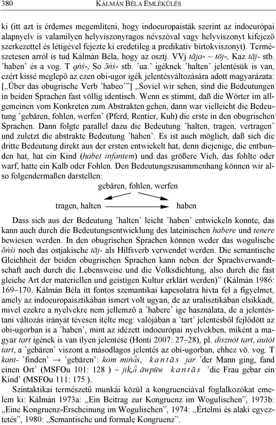 igéknek halten jelentésük is van, ezért kissé meglepő az ezen obi-ugor igék jelentésváltozására adott magyarázata: [ Über das obugrische Verb habeo ] Soviel wir sehen, sind die Bedeutungen in beiden