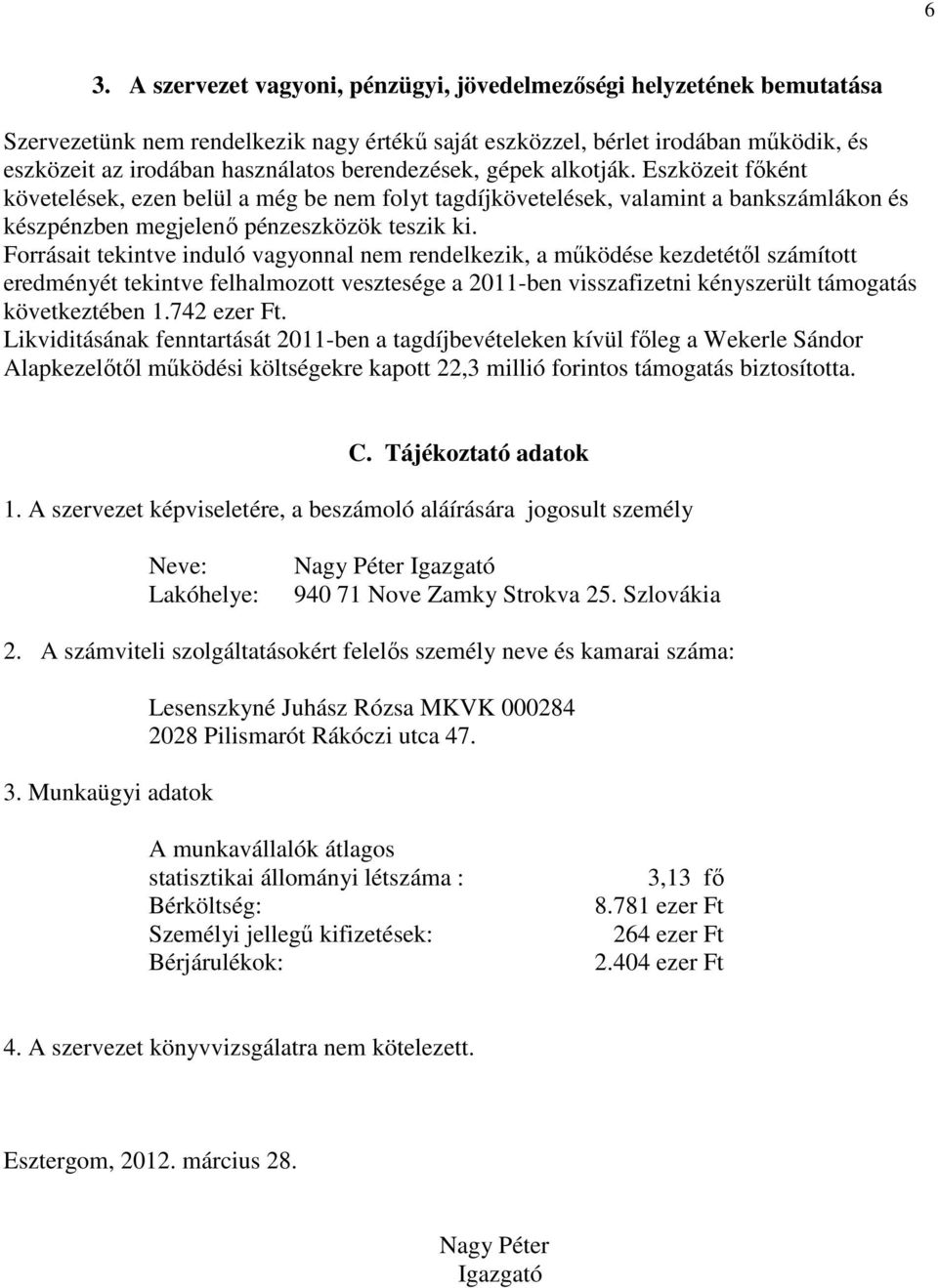 Forrásait tekintve induló vagyonnal nem rendelkezik, a mőködése kezdetétıl számított eredményét tekintve felhalmozott vesztesége a 2011-ben visszafizetni kényszerült támogatás következtében 1.