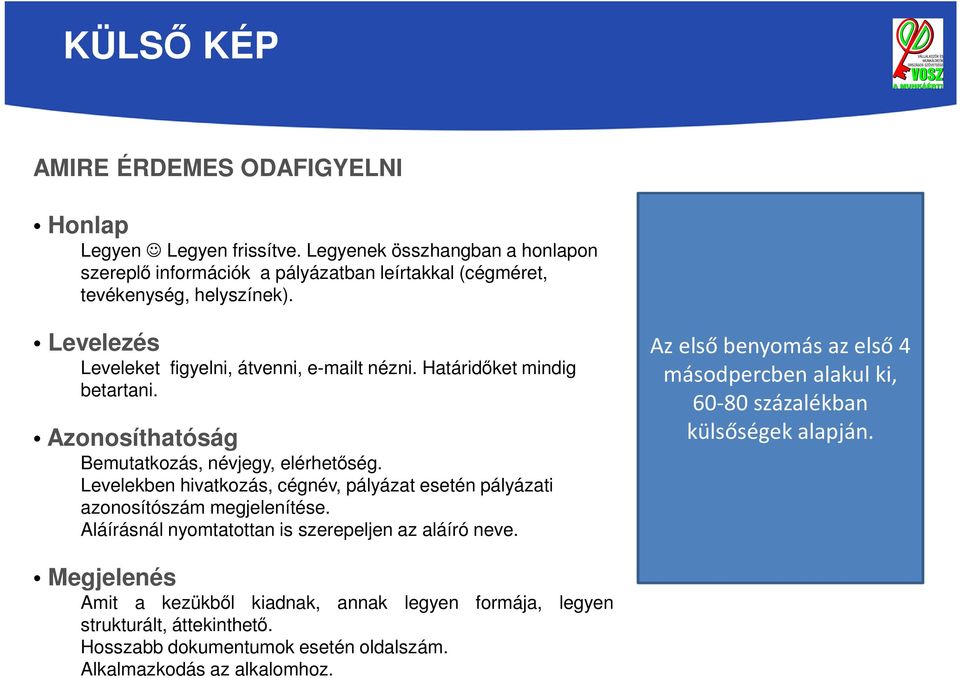 Határidőket mindig betartani. Azonosíthatóság Bemutatkozás, névjegy, elérhetőség. Levelekben hivatkozás, cégnév, pályázat esetén pályázati azonosítószám megjelenítése.