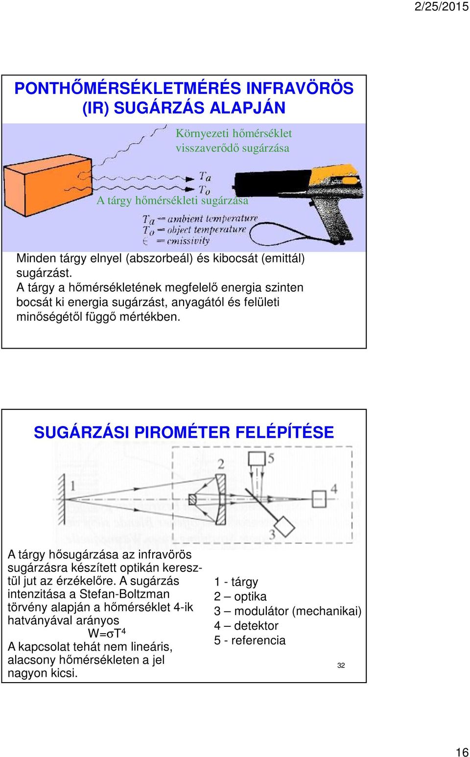 SUGÁRZÁSI PIROMÉTER FELÉPÍTÉSE A tárgy hősugárzása az infravörös sugárzásra készített optikán keresztül jut az érzékelőre.