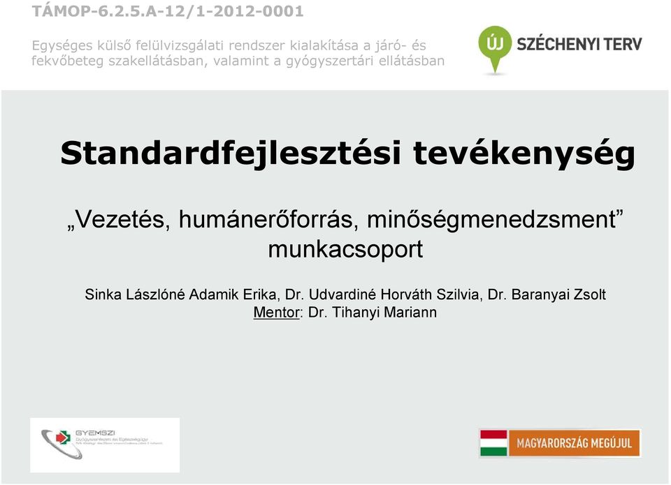 fekvőbeteg szakellátásban, valamint a gyógyszertári ellátásban Standardfejlesztési