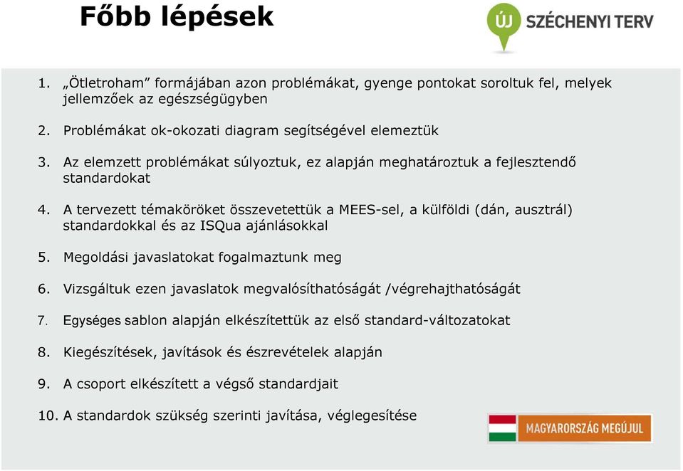 A tervezett témaköröket összevetettük a MEES-sel, a külföldi (dán, ausztrál) standardokkal és az ISQua ajánlásokkal 5. Megoldási javaslatokat fogalmaztunk meg 6.