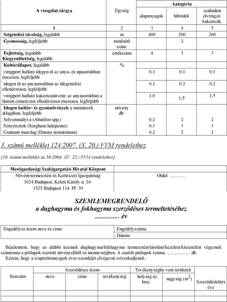 0,2 0,2 ellenőrzésen, legfeljebb virágport hullató kukoricanövény az anyasorokban a 1,0 1,5, 1,5 három címerezési ellenőrzésen összesen, legfeljebb Idegen kultúr- és gyomnövények a mintaterek