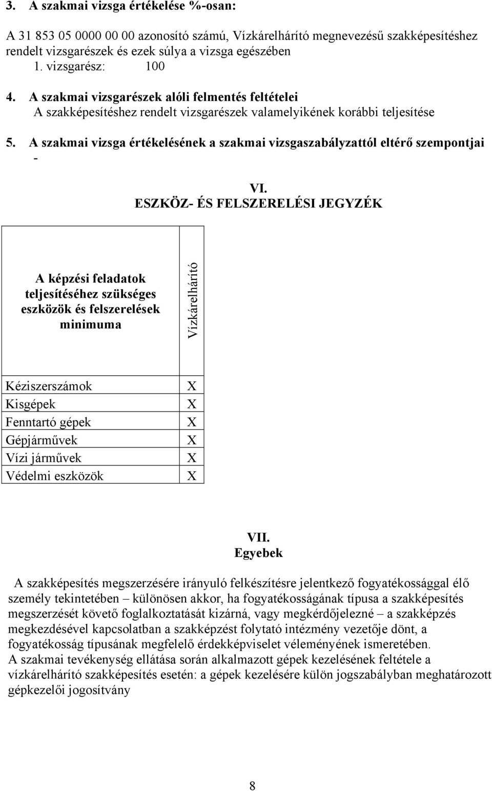 A szakmai vizsga értékelésének a szakmai vizsgaszabályzattól eltérő szempontjai - VI.