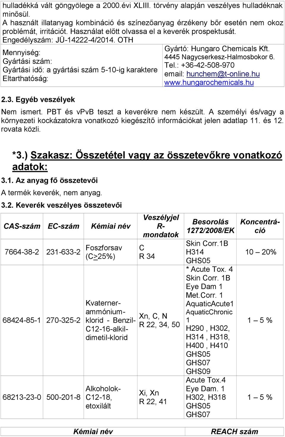 Egyéb veszélyek Gyártó: Hungaro Chemicals Kft. 4445 Nagycserkesz-Halmosbokor 6. Tel.: +36-42-508-970 email: hunchem@t-online.hu www.hungarochemicals.hu Nem ismert.