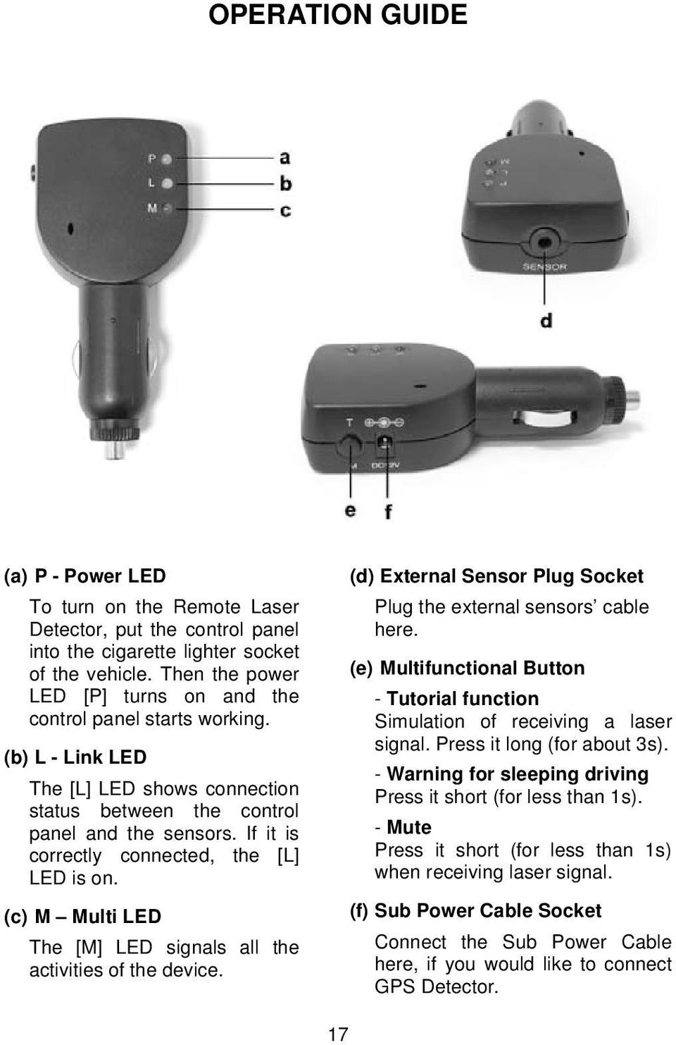 If it is correctly connected, the [L] LED is on. (c) M Multi LED The [M] LED signals all the activities of the device. (d) External Sensor Plug Socket Plug the external sensors cable here.