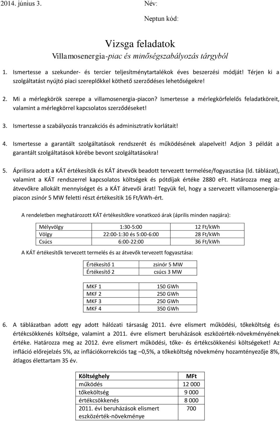 Ismertesse a mérlegkörfelelős feladatköreit, valamint a mérlegkörrel kapcsolatos szerződéseket! 3. Ismertesse a szabályozás tranzakciós és adminisztratív korlátait! 4.