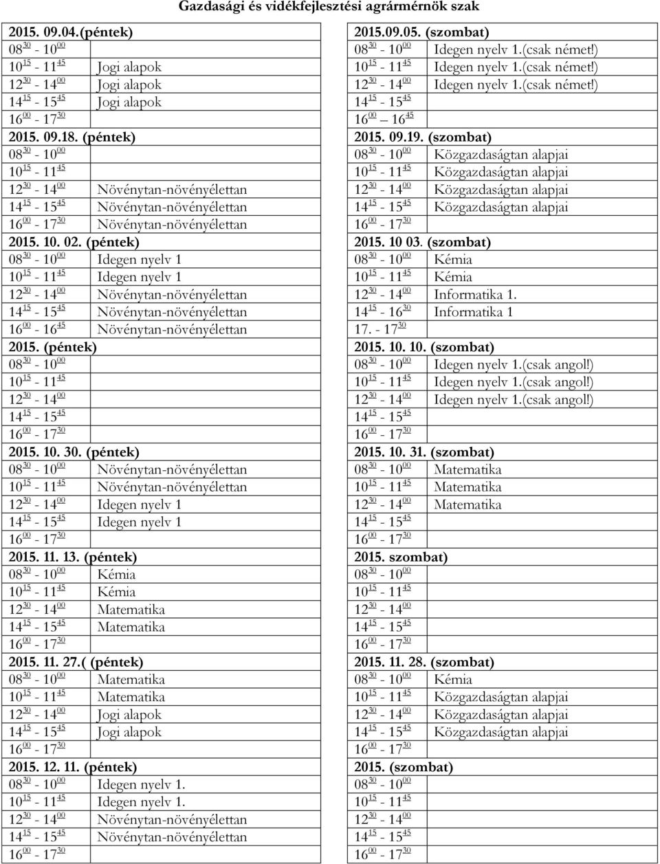 Növénytan-növényélettan 14 15-15 45 Közgazdaságtan alapjai 16 00-17 30 Növénytan-növényélettan 16 00-17 30 2015. 10. 02. (péntek) 2015. 10 03.